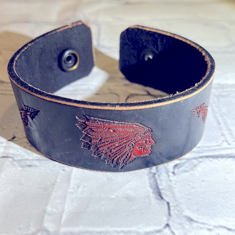 Black Leather Cuff Bracelet with Red Embossed Feather Motif